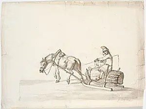 Hestetrukken slæde med en mand på et knippe rør [?] by Martinus Rørbye