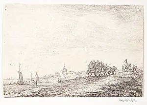 Hestevogn på en vej tæt ved kysten by Anthonie Waterloo