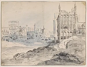 Hjørnet nord-vest på la Grand-Place, Bruxelles efter bombardementet i 1695