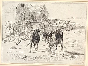 Høhøst på Saltholm. Kalve flokkes om vogne ved laden by Theodor Philipsen