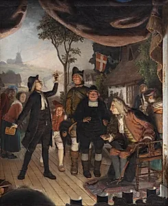Holberg overværer en prøveforestilling af Erasmus Montanus, IV akt, 2. scene: "Ergo er I en Hane" by Lorenz Frølich