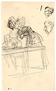 Holberg'sk scene: To kvinder snakker ivrigt til en parykklædt retsskriver by Wilhelm Marstrand