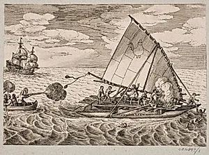Hollændere erobrer skib med vilde folk og børn by Matthäus Merian (I)