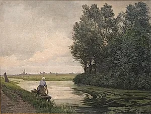 Hollandsk landskab. En pige vasker ved en kanal