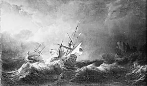 Hollandske krigsskibe i storm ved en klippekyst by Willem II van de Velde