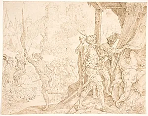 Holofernes' lig bliver fundet af Bagoas by Maarten van Heemskerck