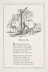 Hønen og koen. Illustration til H.V. Kaalund, "Fabler for Børn" by H.P. Hansen