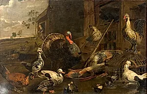 Høns, ænder og en kalkunsk hane by Adriaen van Utrecht