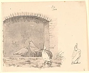 Hønsene og ænderne. Th. studie af en and som nyder regnen by Johan Thomas Lundbye
