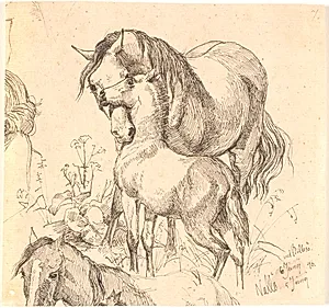 Hoppen og føllet, f.n. hestestudie (ryg og hovede) og øren af et føl by Johan Thomas Lundbye