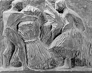 Høst I. To nøgne mænd, der samler kornneg by Niels Larsen Stevns