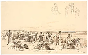 Høstarbejdere på marken. I baggrunden møller og havet by Martinus Rørbye