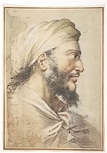 Hoved af en skægget mand med turban i profil mod højre by Salvator Rosa
