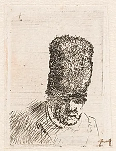 Hoved af gammel mand med en høj pelshue by Rembrandt van Rijn