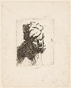 Hoved af råbende mand med pelshue by Rembrandt van Rijn