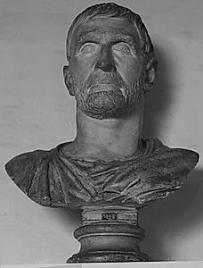Hoved fra statue, påsat efterantik buste. Portræt af ukendt. Tidl. Identificeret som Lucius Iunius Brutus by Ubekendt