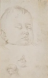 Hovedet af en sovende smådreng. Trekvartprofil mod højre. Herunder barnets halvåbne mund. Herunder hovedet af en midaldrene mand i profil mod venstre by Hans Baldung Grien