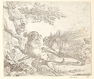 Hulepindsvin jagtet af hunde by Abraham Hondius