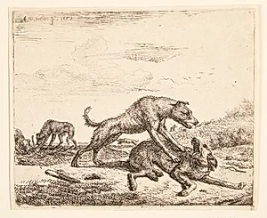 Hunde i slagsmål by Adriaen van de Velde