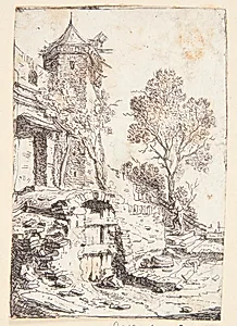 Hus med et sekskantet tårn by Bartholomeus Breenbergh