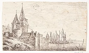 Hus med to spidse tårne ved et anløbssted by Anthonie Waterloo