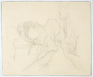 Hus ved vej bag træer by Albert Gottschalk
