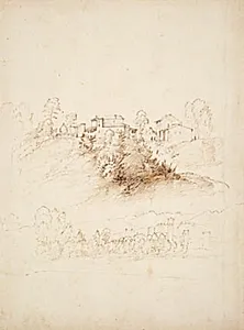 Huse på toppen af en bakke, herunder udsigt til befæstet by i en floddal by Fra Bartolommeo