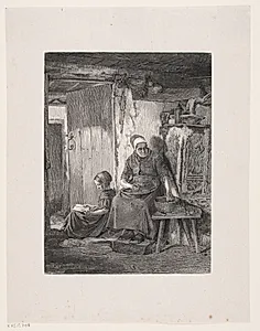 Huslig Syssel i en fattig Bondestue by H.P. Hansen