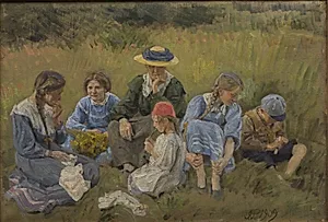 Hvile i engen. Kunstnerens hustru og børn by Joakim Skovgaard
