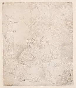 Hvile på flugten til Egypten. Let ætset by Rembrandt van Rijn