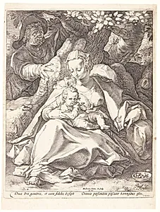 Hvilen på flugten til Ægypten under et kirsebærtræ by Hendrick Goltzius