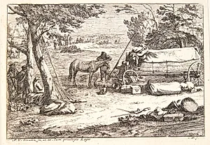 Hvilende soldater, en mand stående ved en hest og en fraspændt vogn by Jan van Huchtenburg