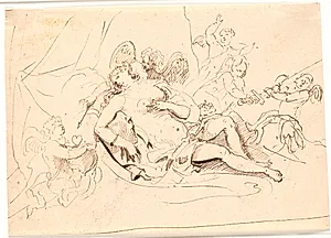 Hvilende Venusfigur, omgivet af seks putti, der leger med sværd, pil og hjerte by Jürgen Ovens