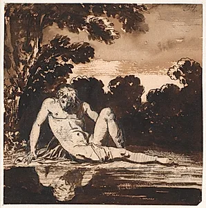 Hyachinthos, Apollons yngling, Narcissus, hvilende ved bækken by Nicolai Abildgaard
