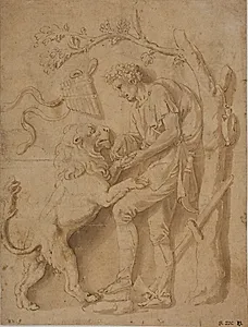 Hyrde fjerner en torn fra en løves pote. Studie til et af stuccoreliefferne i Giardino della Grotta, Palazzo Tè, Mantua by Ubekendt