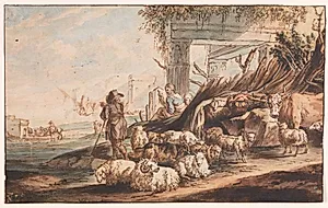 Hyrde med fåreflok og en ko mellem ruiner by Jan Baptist Weenix