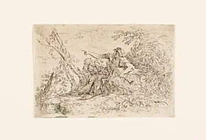 Hyrde og to børn i et landskab by Salvator Rosa