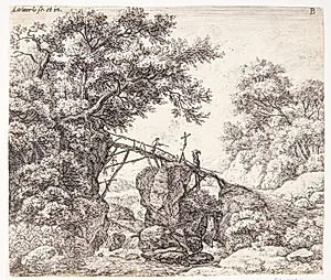 Hyrde på en hældende træbro by Anthonie Waterloo