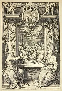 Hyrdernes tilbedelse med Peter og Paulus i en allegorisk ramme by Jacob Matham