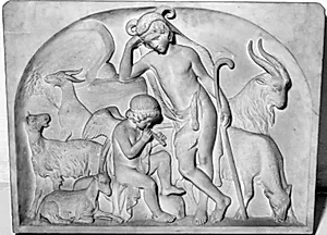 Hyrdescene. Siddende fløjtespillende vinget Amor og stående hyrdedreng, omgivet af geder by J.A. Jerichau (I)