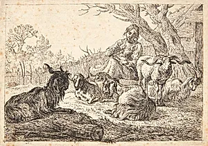 Hyrdinde med en garnvinde, siddende blandt geder by Pieter van Laer
