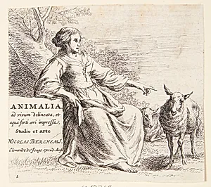 Hyrdinde med et får. Titelblad til "Får" by Nicolaes Berchem