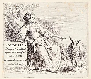 Hyrdinde med et får. Titelblad til "Får" by Nicolaes Berchem