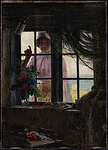 I badetimen. En ung pige banker på vinduet i et fiskerhus by Carl Bloch