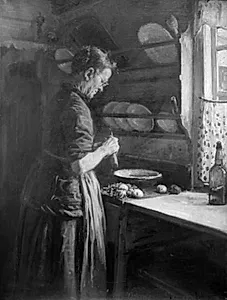 I køkkenet. Tante Nanna skræller kartofler