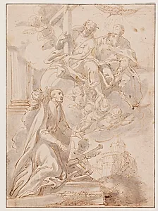 Ignazio Loyola(?) knælende ved synet af Treenigheden båret frem på skyer. I baggrunden Engelsborg by Ubekendt