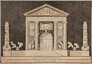 Illuminationsdekoration foran Københavns Rådhus ved Frederik V`s ligprocession 1766