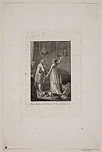 Illustration med dame og herre foran to portrætter by Meno Haas