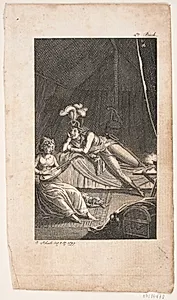 Illustration med en dame der spiller lut for en herre i et telt