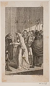 Illustration med en ung dame, der giver et brev til en ældre mand. I baggrunden to herre omgivet af byvagter by Georg Christian Schule